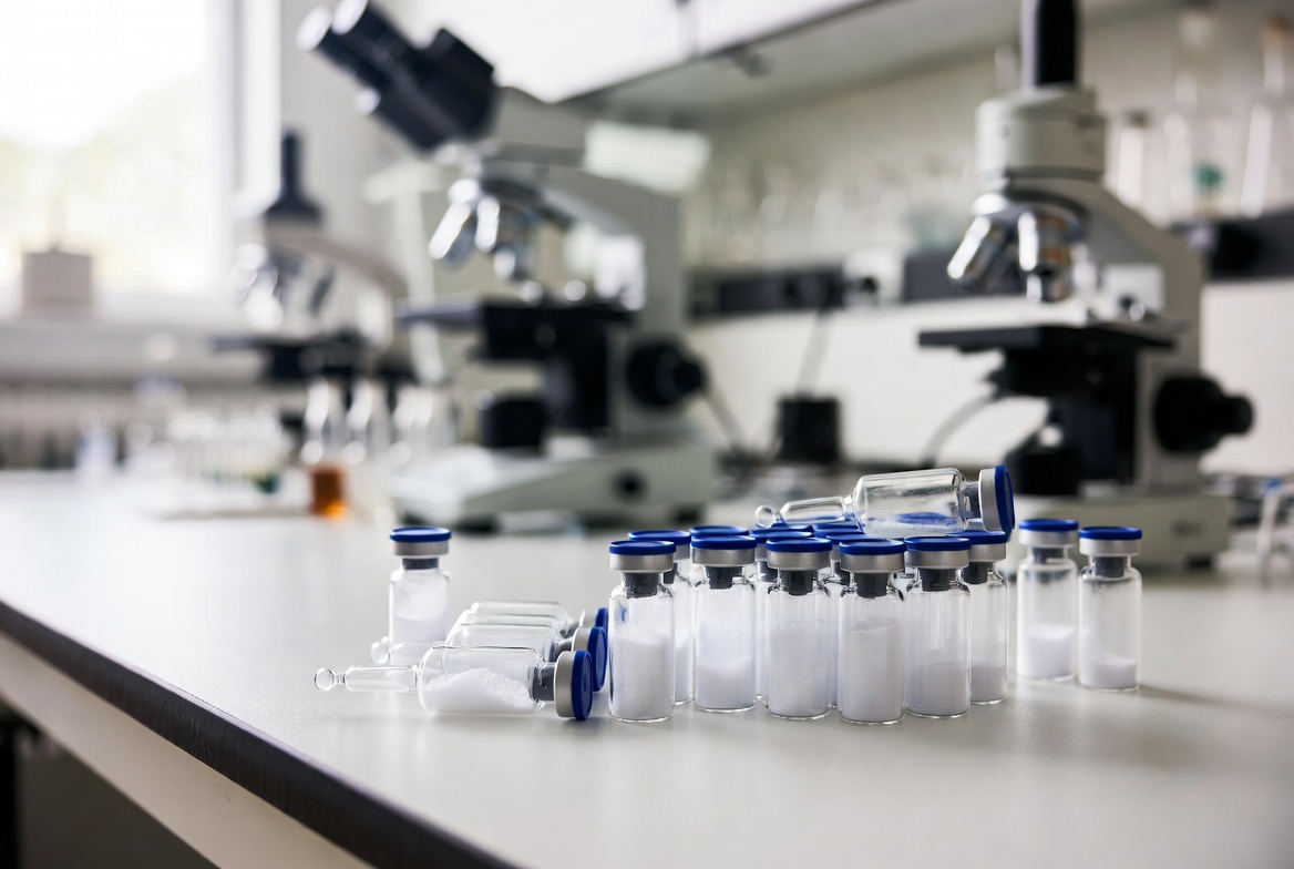 Research peptide vials in laboratory