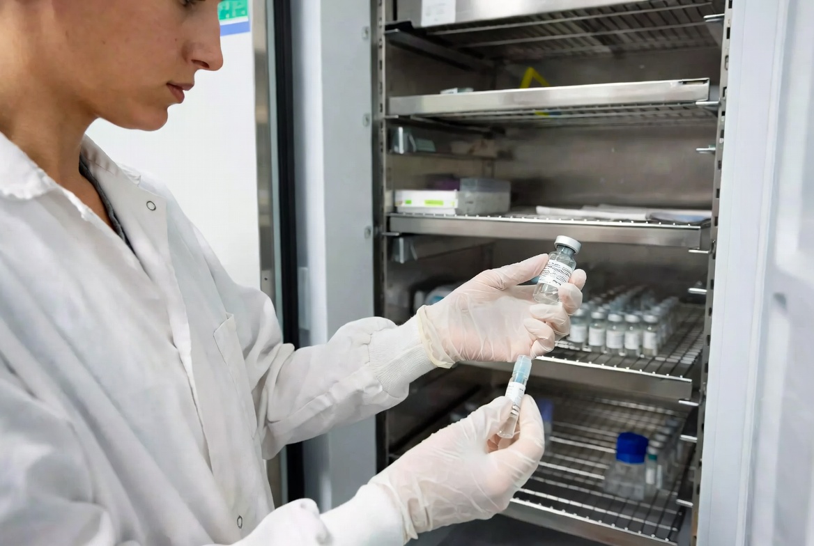 Scientist handling research vials in cold storage