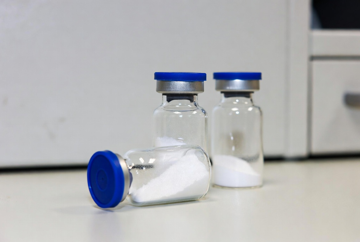 Lyophilized peptide powder in glass vials